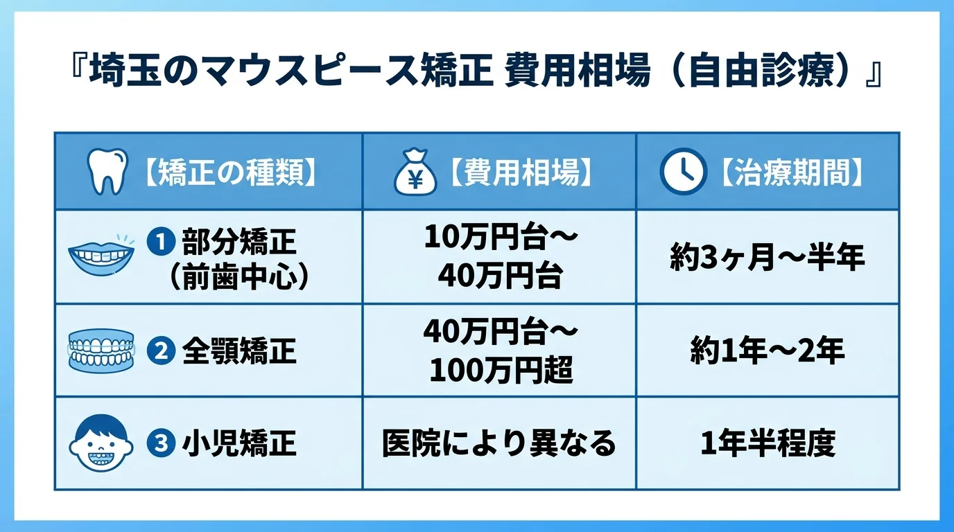マウスピース矯正の費用相場を示す早見表インフォグラフィック。3行の表形式で「部分矯正(前歯中心): 10万円台〜40万円台/治療期間 約3ヶ月〜半年」「全顎矯正: 40万円台〜100万円超/治療期間 約1年〜2年」「小児矯正: 医院により異なる/治療期間 1年半程度」を表示。上部に見出し『埼玉のマウスピース矯正 費用相場(自由診療)』。青系の清潔感のあるデザイン