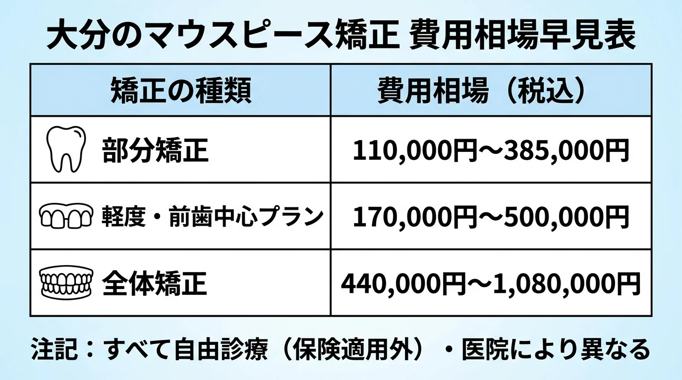 大分のマウスピース矯正 費用相場早見表。部分矯正:110,000円〜385,000円、軽度・前歯中心プラン:170,000円〜500,000円、全体矯正:440,000円〜1,080,000円。すべて自由診療(保険適用外)・税込・医院により異なる旨を注記