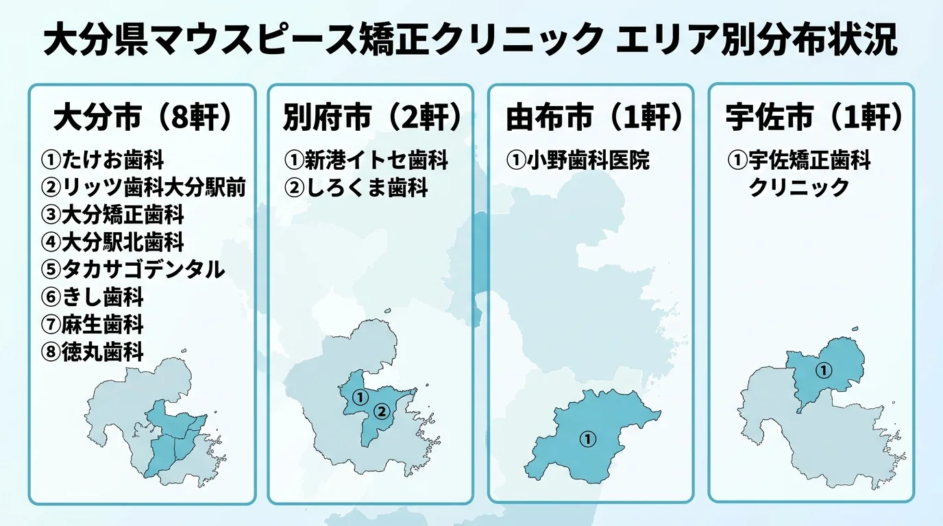 大分県マウスピース矯正クリニックのエリア別分布図。大分市:たけお歯科・リッツ歯科大分駅前・大分矯正歯科・大分駅北歯科・タカサゴデンタル・きし歯科・麻生歯科・徳丸歯科、別府市:新港イトセ歯科・しろくま歯科、由布市:小野歯科医院、宇佐市:宇佐矯正歯科クリニック