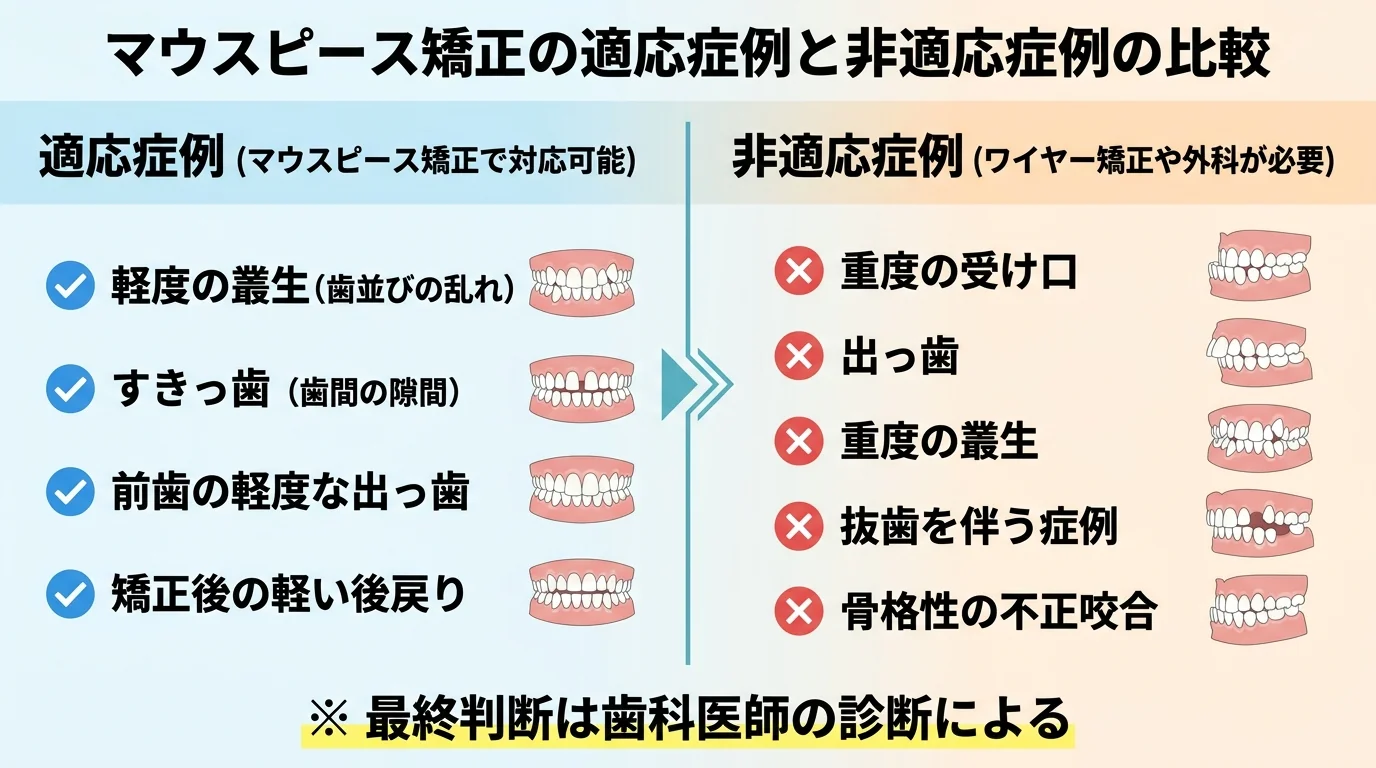 マウスピース矯正の適応症例と非適応症例の比較図。対応できる症例:軽度の叢生・すきっ歯・前歯の軽度な出っ歯・矯正後の軽い後戻り。ワイヤー矯正や外科が必要な症例:重度の受け口・出っ歯・重度の叢生・抜歯を伴う症例・骨格性の不正咬合。最終判断は歯科医師の診断による旨を注記