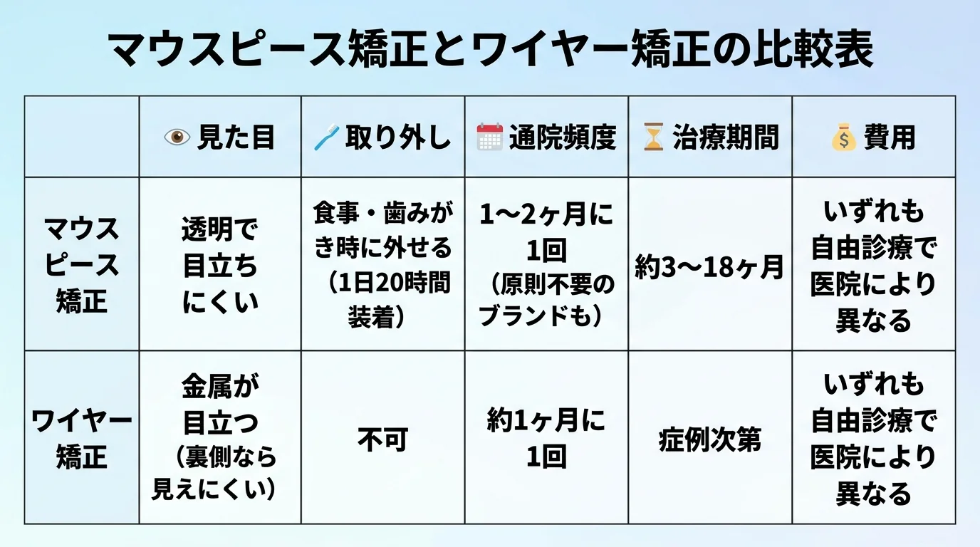 マウスピース矯正とワイヤー矯正の比較表。見た目:マウスピース=透明で目立ちにくい/ワイヤー=金属が目立つ(裏側なら見えにくい)、取り外し:マウスピース=食事・歯みがき時に外せる(1日20時間装着)/ワイヤー=不可、通院頻度:マウスピース=1〜2ヶ月に1回(原則不要のブランドも)/ワイヤー=約1ヶ月に1回、治療期間:マウスピース=約3〜18ヶ月/ワイヤー=症例次第、費用:いずれも自由診療で医院により異なる