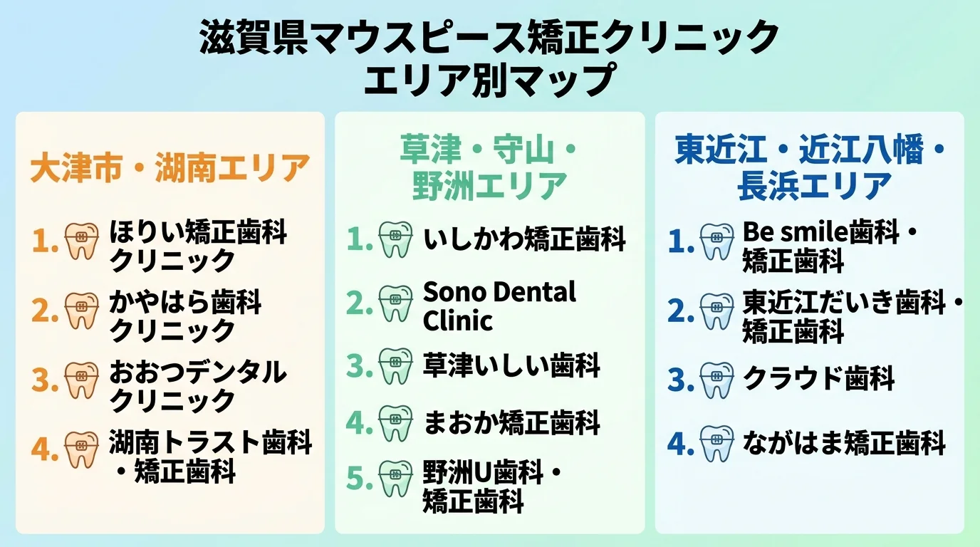 滋賀県のマウスピース矯正クリニック エリア別マップ風インフォグラフィック。大津市・湖南エリア=ほりい矯正歯科クリニック、かやはら歯科クリニック、おおつデンタルクリニック、湖南トラスト歯科・矯正歯科。草津・守山・野洲エリア=いしかわ矯正歯科、Sono Dental Clinic、草津いしい歯科、まおか矯正歯科、野洲U歯科・矯正歯科。東近江・近江八幡・長浜エリア=Be smile歯科・矯正歯科、東近江だいき歯科・矯正歯科、クラウド歯科、ながはま矯正歯科