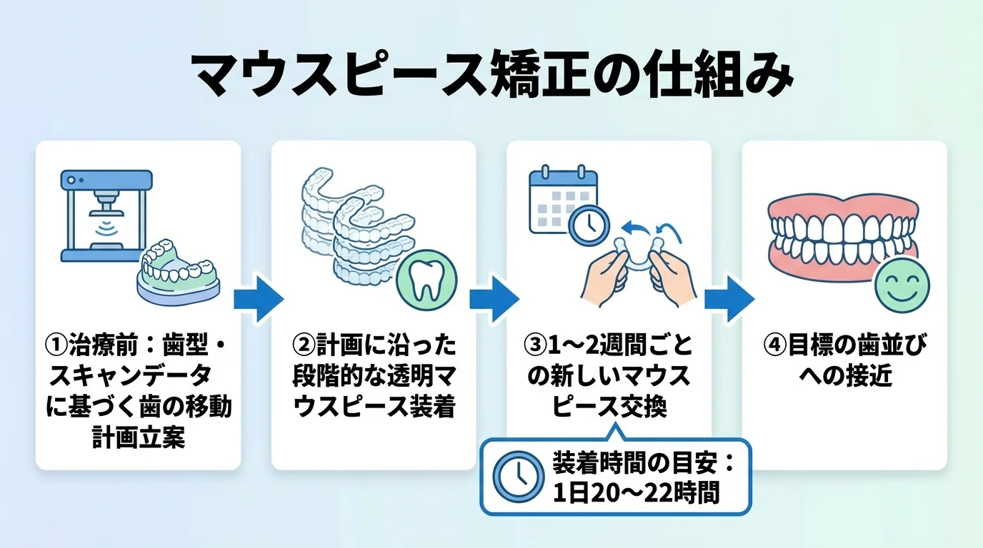マウスピース矯正の仕組みフロー図。①治療前に歯型・スキャンのデータをもとに歯を動かす計画を立てる → ②計画に沿って段階的に形の異なる透明なマウスピース（アライナー）を装着 → ③1〜2週間ごとに新しいマウスピースへ交換 → ④目標の歯並びへ近づける。装着時間の目安1日20〜22時間の注記付き