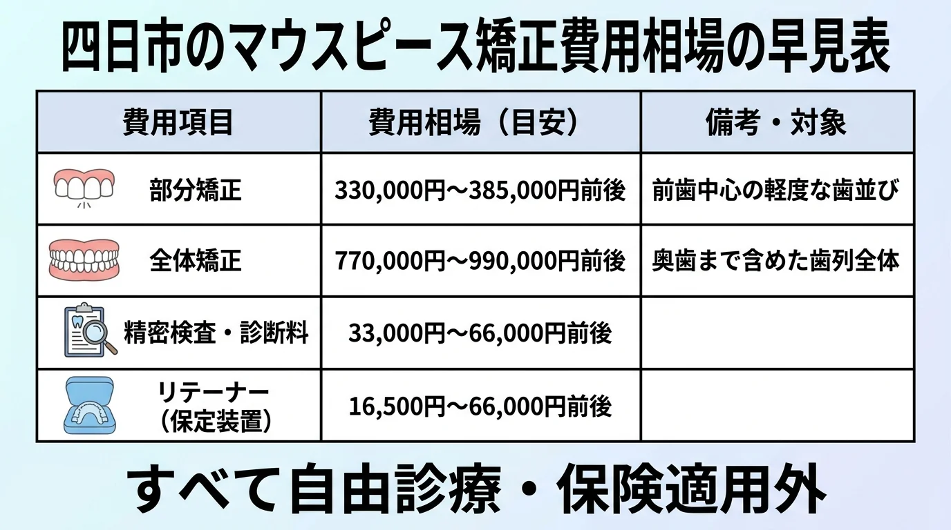 四日市のマウスピース矯正費用相場の早見表。部分矯正:330,000円〜385,000円前後(前歯中心の軽度な歯並び)、全体矯正:770,000円〜990,000円前後(奥歯まで含めた歯列全体)、精密検査・診断料:33,000円〜66,000円前後、リテーナー(保定装置):16,500円〜66,000円前後。すべて自由診療・保険適用外。