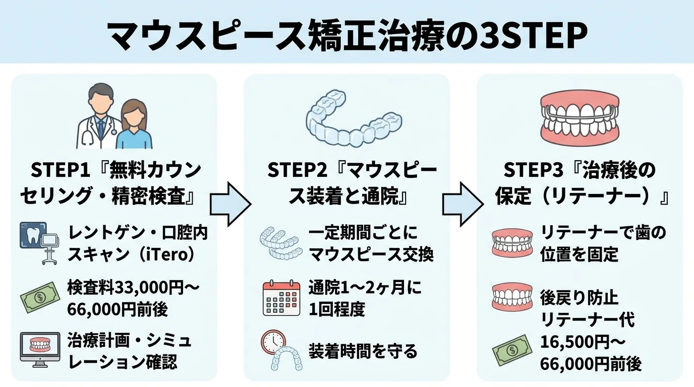 マウスピース矯正の治療の流れを3ステップで示すフロー図。STEP1『無料カウンセリング・精密検査』:レントゲン・口腔内スキャン(iTero)、検査料33,000円〜66,000円前後、治療計画・シミュレーション確認。STEP2『マウスピース装着と通院』:一定期間ごとにマウスピース交換、通院1〜2ヶ月に1回程度、装着時間を守る。STEP3『治療後の保定(リテーナー)』:リテーナーで歯の位置を固定、後戻り防止、リテーナー代16,500円〜66,000円前後。