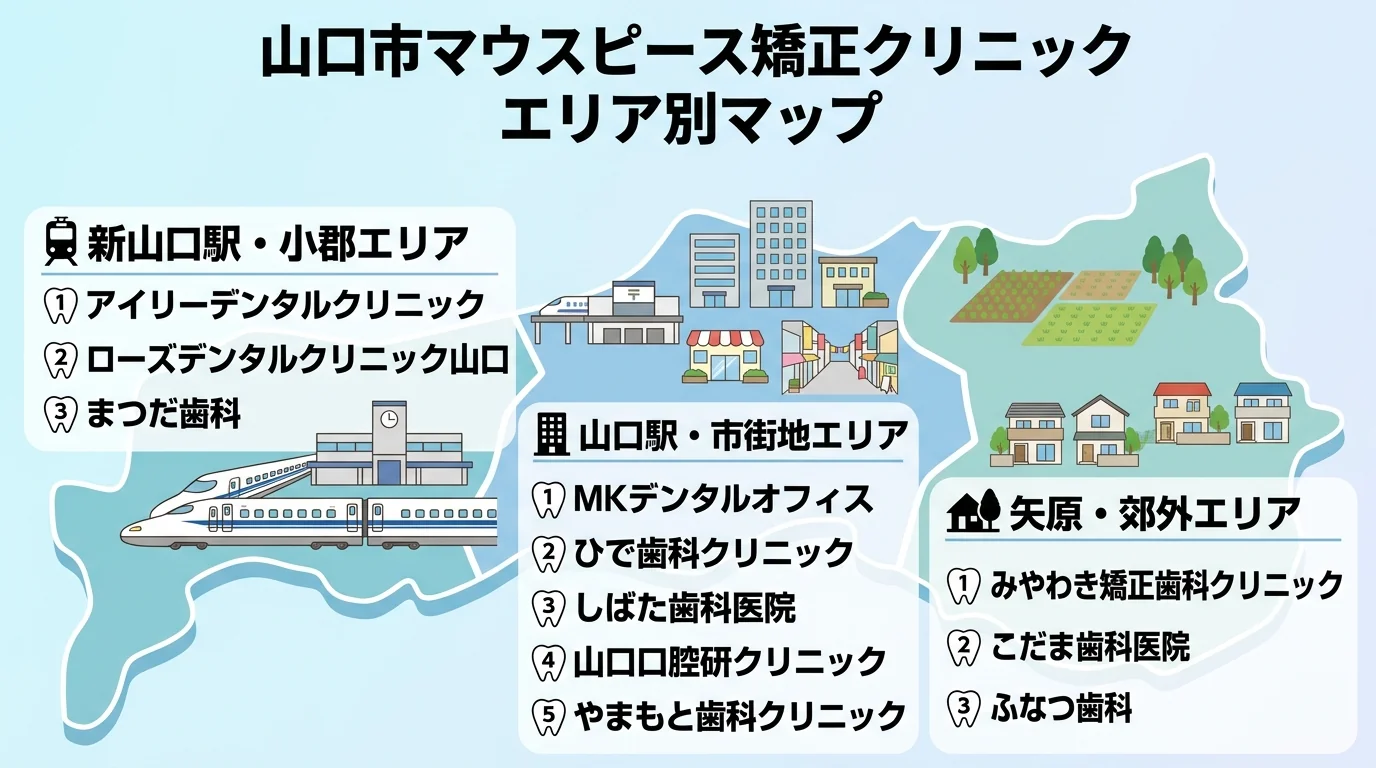 山口市のマウスピース矯正クリニックをエリア別に分類した地図風イラスト。新山口駅・小郡エリア（アイリーデンタルクリニック、ローズデンタルクリニック山口、まつだ歯科）／山口駅・市街地エリア（MKデンタルオフィス、ひで歯科クリニック、しばた歯科医院、山口口腔研クリニック、やまもと歯科クリニック）／矢原・郊外エリア（みやわき矯正歯科クリニック、こだま歯科医院、ふなつ歯科）