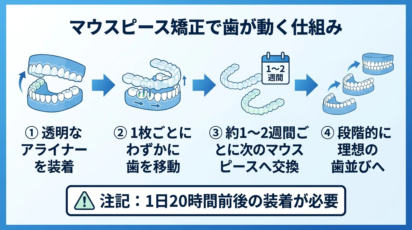 マウスピース矯正で歯が動く仕組みの図解。透明なアライナーを装着→1枚ごとにわずかに歯を移動→約1〜2週間ごとに次のマウスピースへ交換→段階的に理想の歯並びへ。1日20時間前後の装着が必要である点を注記