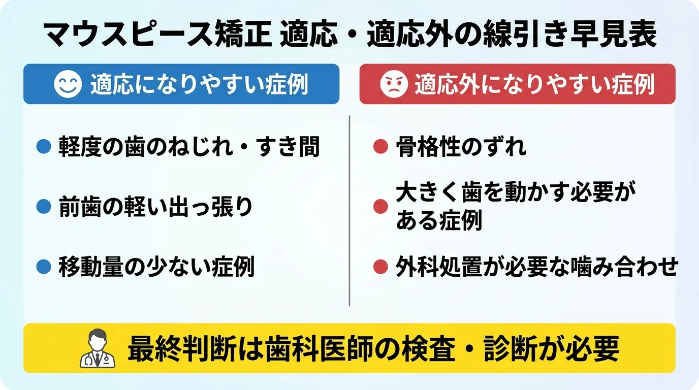 マウスピース矯正の適応・適応外の線引き早見表。適応になりやすい症例＝軽度の歯のねじれ・すき間、前歯の軽い出っ張り、移動量の少ない症例。適応外になりやすい症例＝骨格性のずれ、大きく歯を動かす必要がある症例、外科処置が必要な噛み合わせ。最終判断は歯科医師の検査・診断が必要と注記