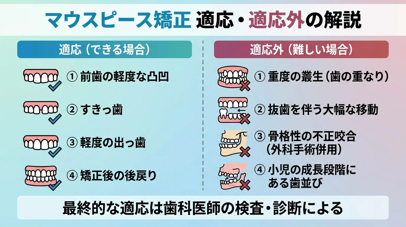 マウスピース矯正の適応・適応外を2列で示したインフォグラフィック。適応側『前歯の軽度な凸凹』『すきっ歯』『軽度の出っ歯』『矯正後の後戻り』、適応外側『重度の叢生(歯の重なり)』『抜歯を伴う大幅な移動』『骨格性の不正咬合(外科手術併用)』『小児の成長段階にある歯並び』を対比配置し、最下部に『最終的な適応は歯科医師の検査・診断による』と注記