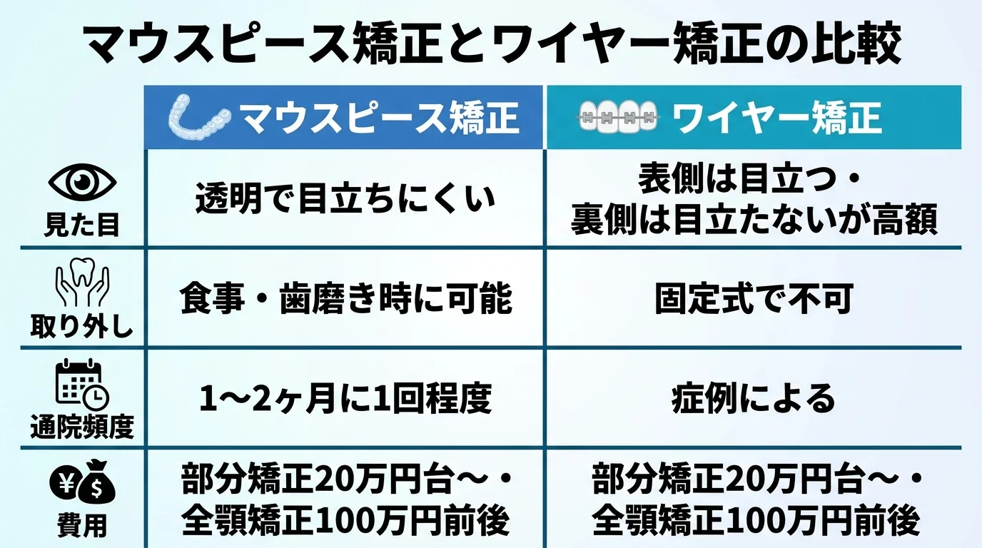 マウスピース矯正とワイヤー矯正の比較表インフォグラフィック。見た目(マウスピース=透明で目立ちにくい/ワイヤー=表側は目立つ・裏側は目立たないが高額)、取り外し(マウスピース=食事・歯磨き時に可能/ワイヤー=固定式で不可)、通院頻度(マウスピース=1〜2ヶ月に1回程度/ワイヤー=症例による)、費用(部分矯正20万円台〜・全顎矯正100万円前後)の4項目を2列で対比