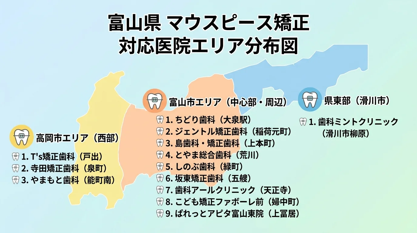 富山県のマウスピース矯正 対応医院エリア分布図。富山市エリア:ちどり歯科(大泉駅)、ジェントル矯正歯科(稲荷元町)、島歯科・矯正歯科(上本町)、とやま総合歯科(荒川)、しのぶ歯科(緑町)、坂東矯正歯科(五艘)、歯科アールクリニック(天正寺)、こども矯正ファボーレ前(婦中町)、ぱれっとアピタ富山東院(上冨居)。高岡市エリア:T's矯正歯科(戸出)、寺田矯正歯科(泉町)、やまもと歯科(能町南)。県東部:歯科ミントクリニック(滑川市柳原)