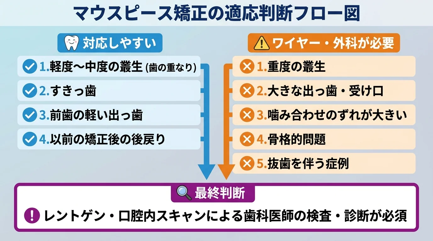 マウスピース矯正の適応判断フロー図。対応しやすい:軽度〜中度の叢生(歯の重なり)、すきっ歯、前歯の軽い出っ歯、以前の矯正後の後戻り。ワイヤー・外科が必要:重度の叢生、大きな出っ歯・受け口、噛み合わせのずれが大きい、骨格的問題、抜歯を伴う症例。最終判断はレントゲン・口腔内スキャンによる歯科医師の検査・診断が必須