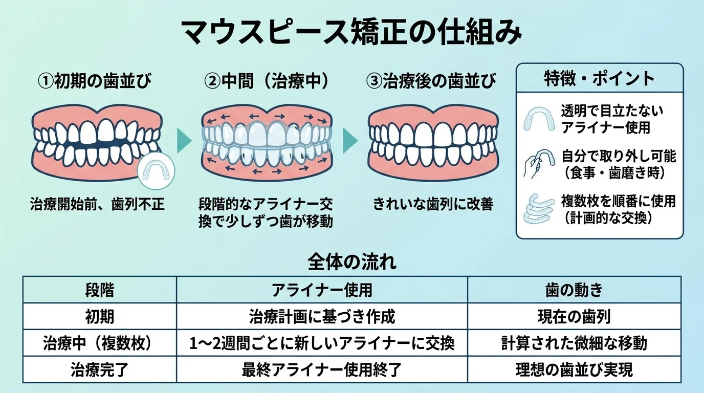 マウスピース矯正の仕組みを説明するイラスト。透明なアライナーを段階的に交換しながら歯が少しずつ動いていく流れを、初期の歯並び→中間→治療後の3段階で図示。自分で取り外し可能・複数枚を順番に使用というポイントを注記