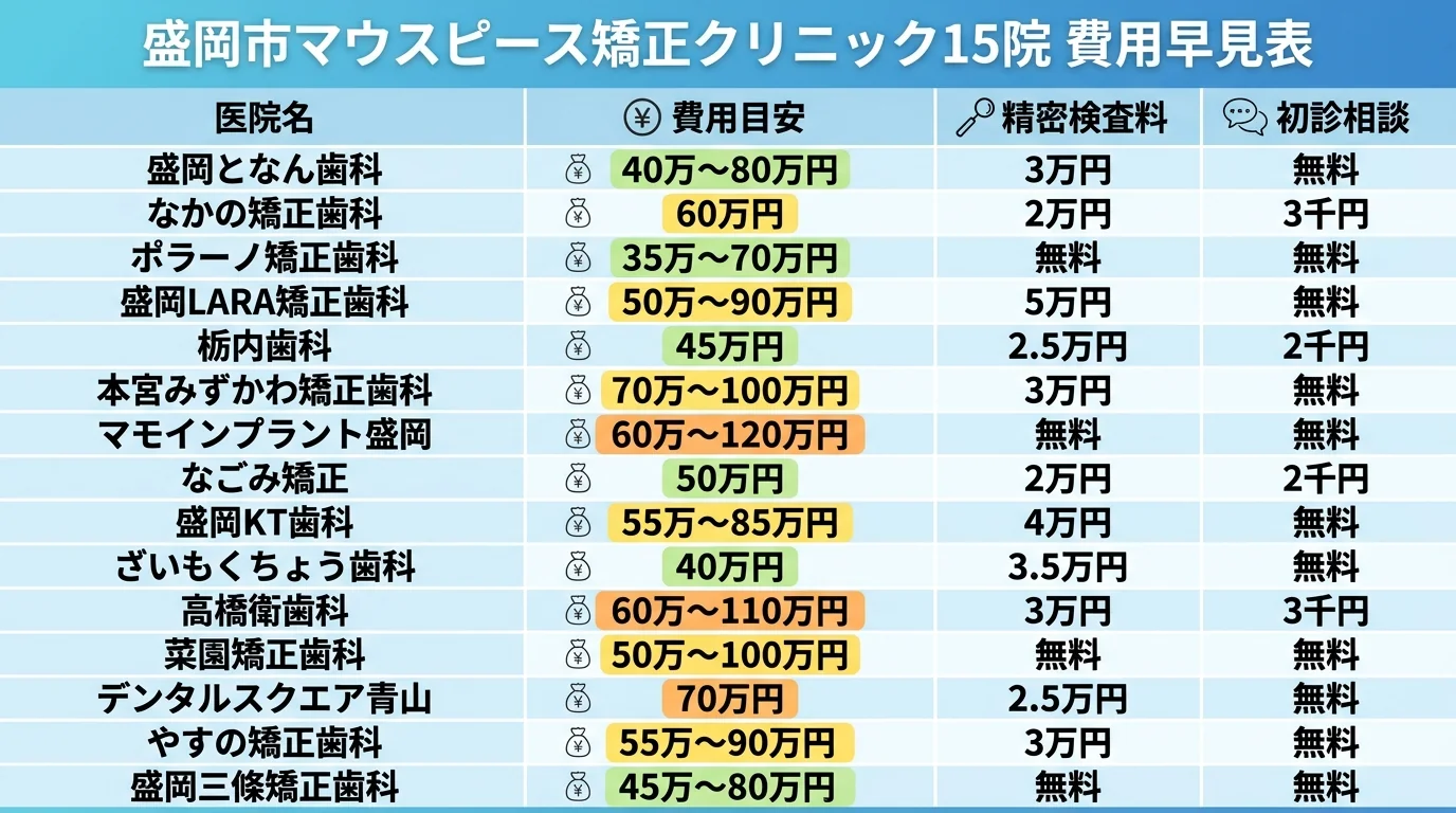 盛岡市マウスピース矯正クリニック15院の費用早見表。縦軸に医院名（盛岡となん歯科、なかの矯正歯科、ポラーノ矯正歯科、盛岡LARA矯正歯科、栃内歯科、本宮みずかわ矯正歯科、マモインプラント盛岡、なごみ矯正、盛岡KT歯科、ざいもくちょう歯科、高橋衛歯科、菜園矯正歯科、デンタルスクエア青山、やすの矯正歯科、盛岡三條矯正歯科）、横軸に費用目安・精密検査料・初診相談を配置した比較インフォグラフィック