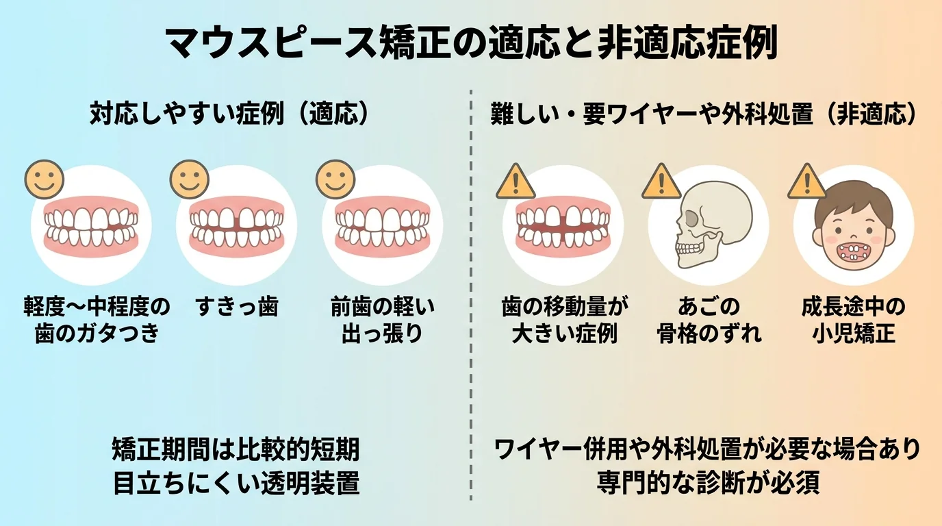 マウスピース矯正の適応症例と非適応症例を左右に分けたイラスト。左（対応しやすい）: 軽度〜中程度の歯のガタつき、すきっ歯、前歯の軽い出っ張り。右（難しい・要ワイヤーや外科処置）: 歯の移動量が大きい症例、あごの骨格のずれ、成長途中の小児矯正