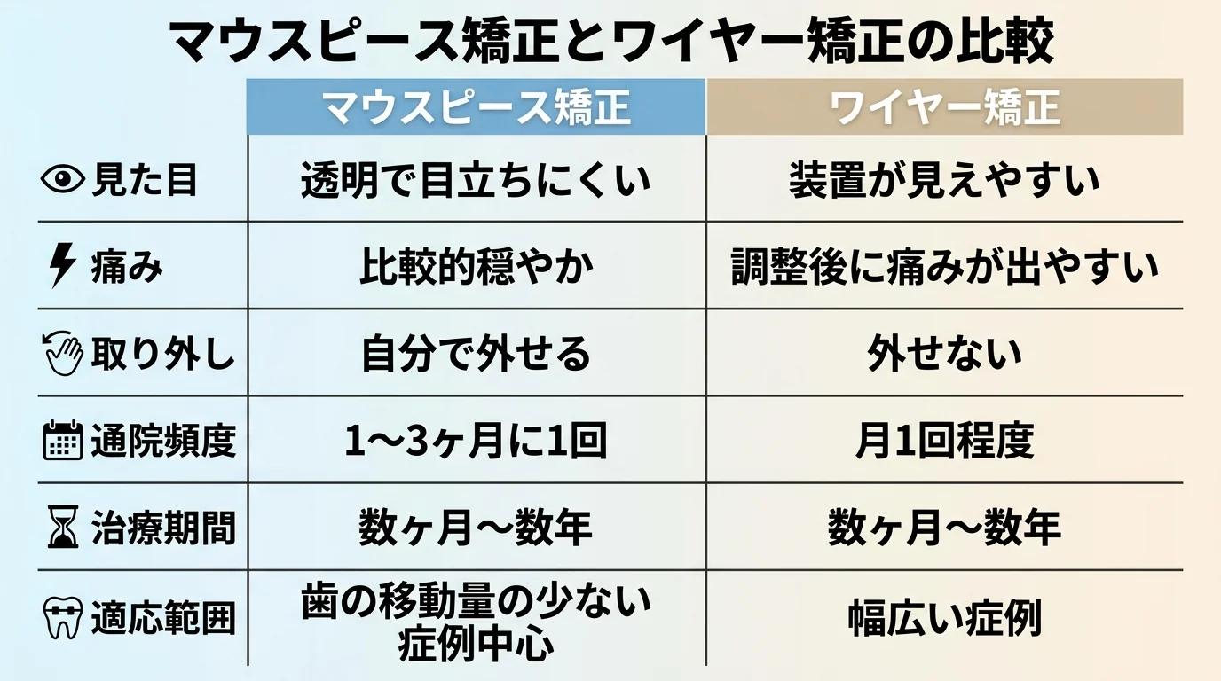 マウスピース矯正とワイヤー矯正の比較チャート。見た目（透明で目立ちにくい／装置が見えやすい）、痛み（比較的穏やか／調整後に痛みが出やすい）、取り外し（自分で外せる／外せない）、通院頻度（1〜3ヶ月に1回／月1回程度）、治療期間（数ヶ月〜数年／数ヶ月〜数年）、適応範囲（歯の移動量の少ない症例中心／幅広い症例）の6軸を2列で対比