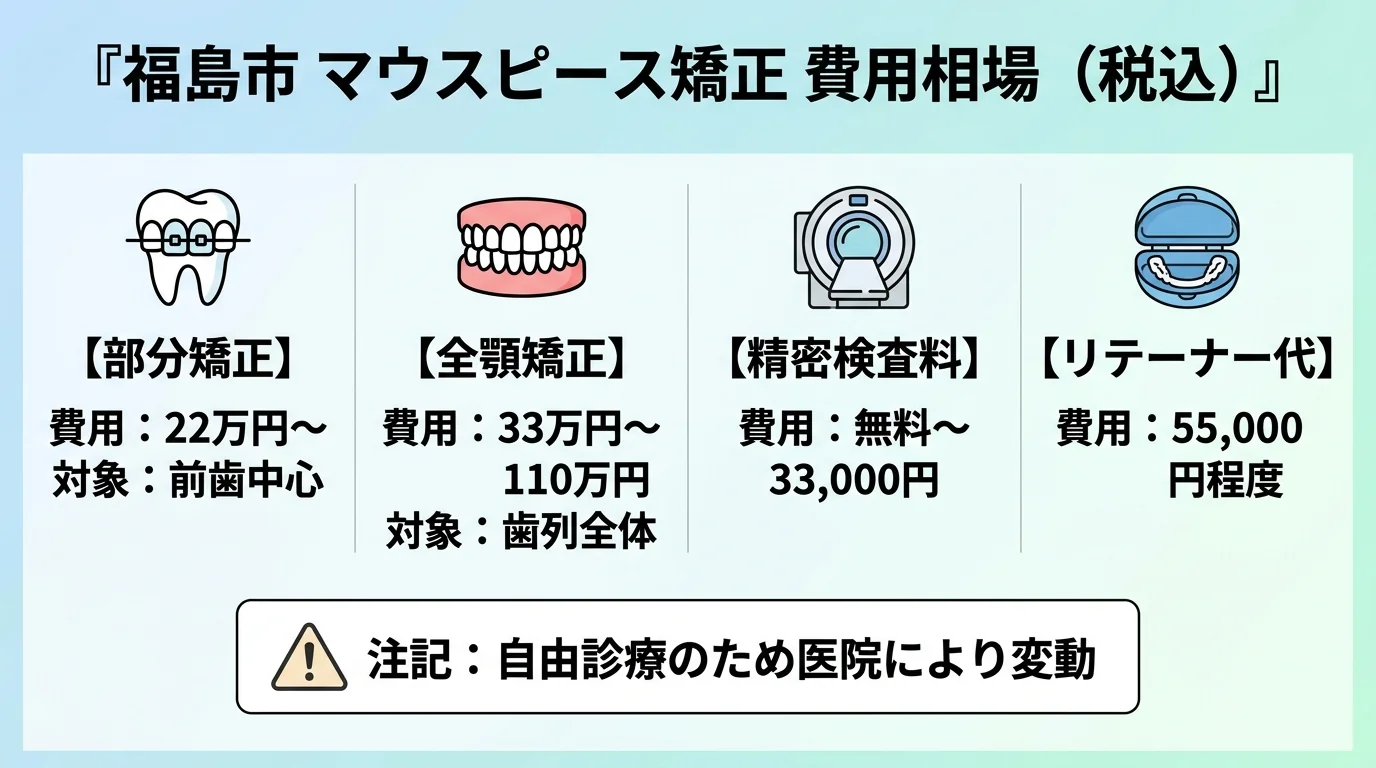 福島市のマウスピース矯正の費用相場を示すインフォグラフィック。タイトル『福島市 マウスピース矯正 費用相場(税込)』。部分矯正:22万円〜(前歯中心)、全顎矯正:33万円〜110万円(歯列全体)、精密検査料:無料〜33,000円、リテーナー代:55,000円程度。自由診療のため医院により変動する旨を注記