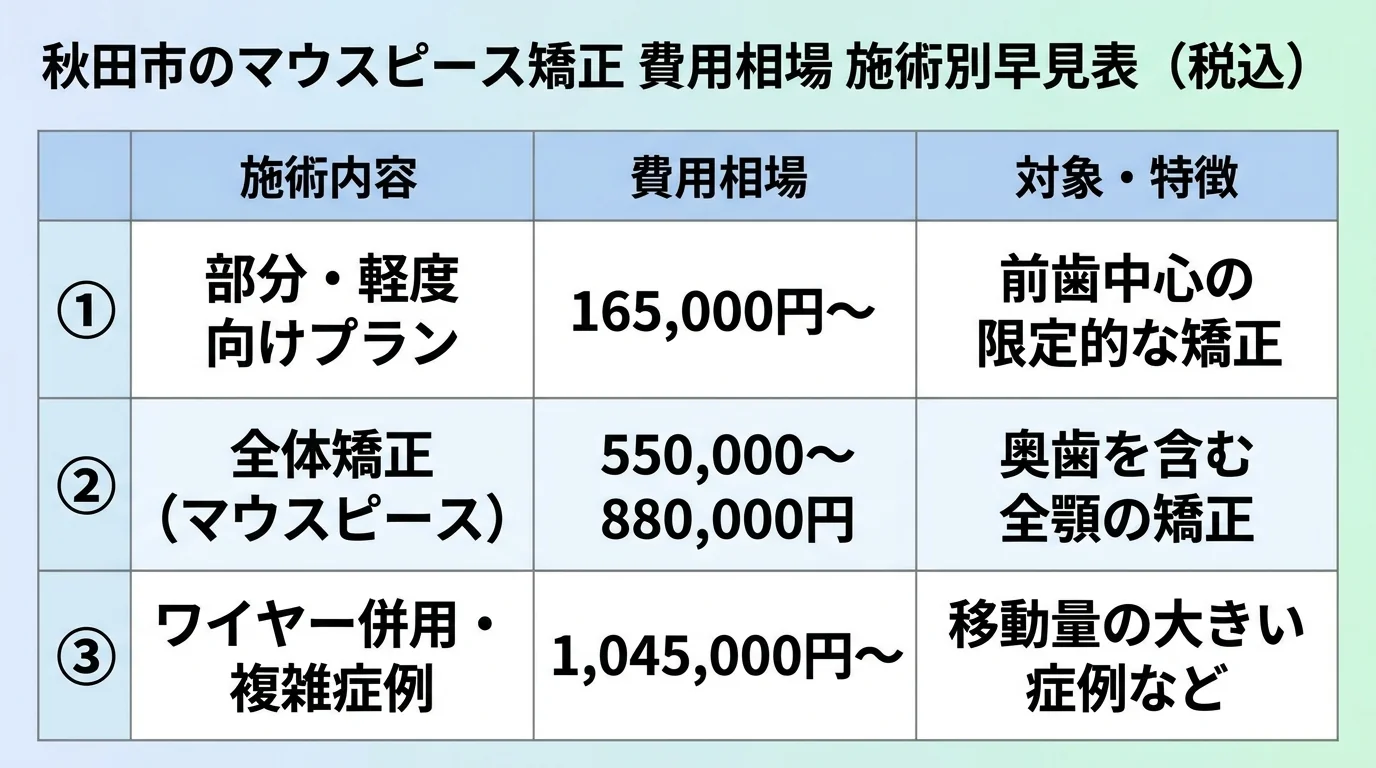 秋田市のマウスピース矯正 費用相場 施術別早見表。部分・軽度向けプラン=165,000円〜(前歯中心の限定的な矯正)、全体矯正(マウスピース)=550,000〜880,000円(奥歯を含む全顎の矯正)、ワイヤー併用・複雑症例=1,045,000円〜(移動量の大きい症例など)。3列の比較表デザイン、税込表記