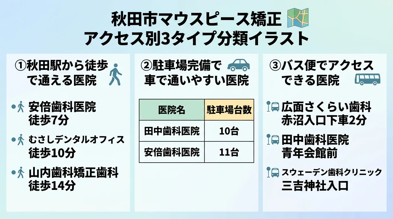 秋田市マウスピース矯正 アクセス別3タイプ分類イラスト。①秋田駅から徒歩で通える医院(安倍歯科医院 徒歩7分、むさしデンタルオフィス 徒歩10分、山内歯科矯正歯科 徒歩14分)②駐車場完備で車で通いやすい医院(田中歯科医院 10台、安倍歯科医院 11台)③バス便でアクセスできる医院(広面さくらい歯科 赤沼入口下車2分、田中歯科医院 青年会館前、スウェーデン歯科クリニック 三吉神社入口)。地図アイコンと徒歩・車・バスのアイコンで区分