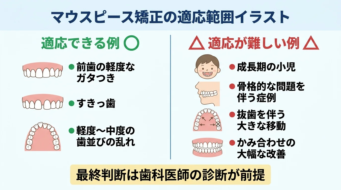 マウスピース矯正の適応範囲イラスト。適応できる例=前歯の軽度なガタつき・すきっ歯・軽度〜中度の歯並びの乱れ。適応が難しい例=成長期の小児・骨格的な問題を伴う症例・抜歯を伴う大きな移動・かみ合わせの大幅な改善。〇と△のアイコンで対比、最終判断は歯科医師の診断が前提と注記