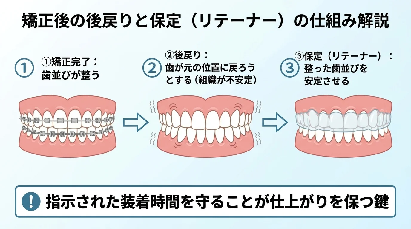矯正後の後戻りと保定(リテーナー)の仕組み解説イラスト。①矯正完了で歯並びが整う→②歯を支える組織がまだ安定していないため元の位置に戻ろうとする(後戻り)→③リテーナー(保定装置)を装着することで整った歯並びを安定させる。3ステップのフロー図、指示された装着時間を守ることが仕上がりを保つ鍵と注記