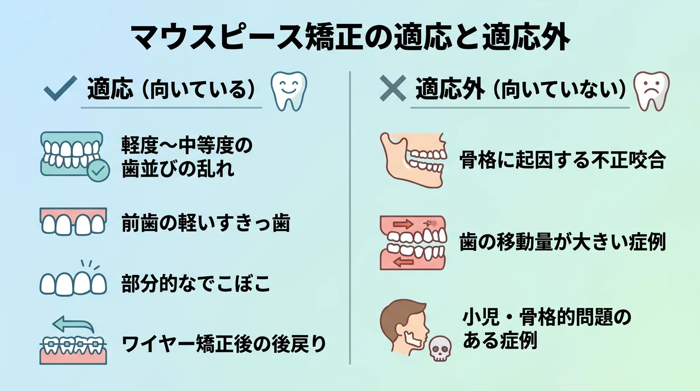 マウスピース矯正の適応・適応外を分けたイラスト。向いている：軽度〜中等度の歯並びの乱れ、前歯の軽いすきっ歯、部分的なでこぼこ、ワイヤー矯正後の後戻り。向いていない：骨格に起因する不正咬合、歯の移動量が大きい症例、小児・骨格的問題のある症例。左右2カラムの比較イラスト