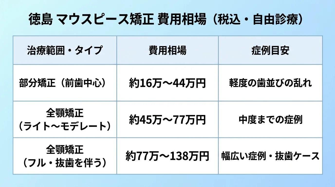 徳島のマウスピース矯正 費用相場の早見表インフォグラフィック。3行の表形式。部分矯正(前歯中心):約16万〜44万円/軽度の歯並びの乱れ。全顎矯正(ライト〜モデレート):約45万〜77万円/中度までの症例。全顎矯正(フル・抜歯を伴う):約77万〜138万円/幅広い症例・抜歯ケース。上部に『徳島 マウスピース矯正 費用相場(税込・自由診療)』の見出し