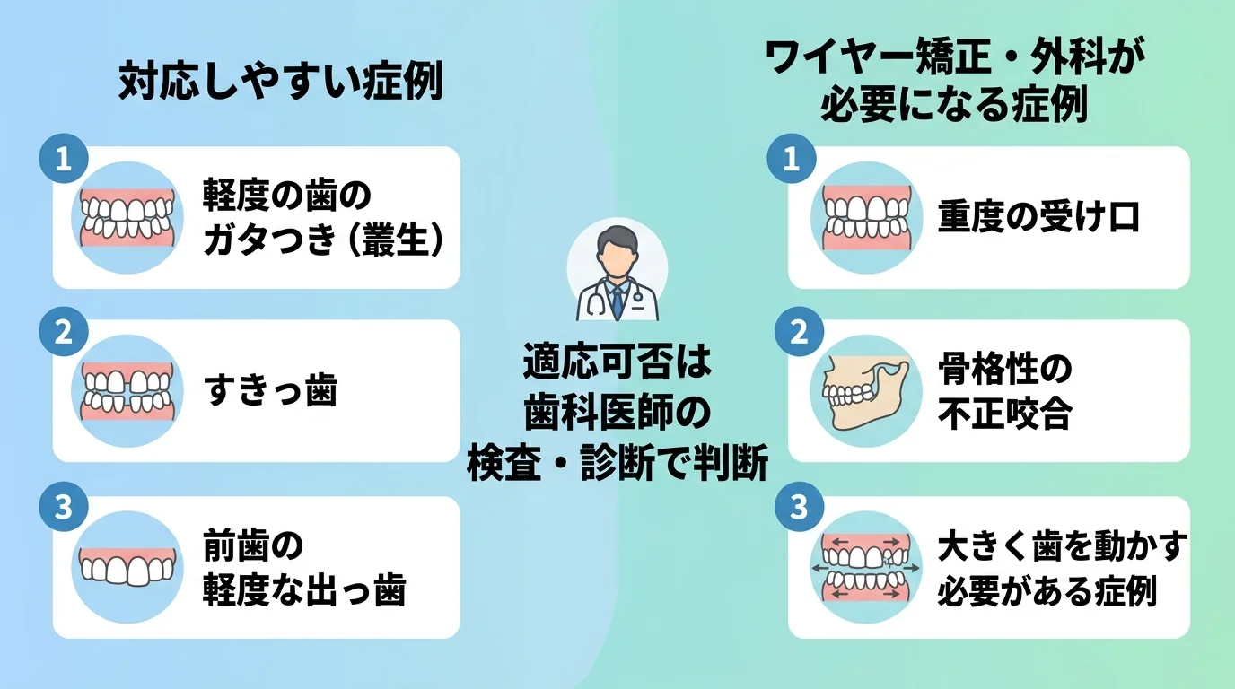 マウスピース矯正の適応・適応外を分けたイラスト図解。左側『対応しやすい症例』:軽度の歯のガタつき(叢生)、すきっ歯、前歯の軽度な出っ歯。右側『ワイヤー矯正・外科が必要になる症例』:重度の受け口、骨格性の不正咬合、大きく歯を動かす必要がある症例。中央に『適応可否は歯科医師の検査・診断で判断』の注記