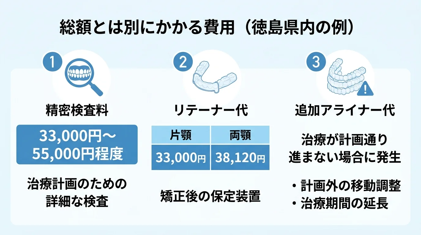 マウスピース矯正の総額に含まれない費用を整理したインフォグラフィック。3項目のリスト。精密検査料:33,000円〜55,000円程度。リテーナー代:片顎33,000円・両顎38,120円の例。追加アライナー代:治療が計画通り進まない場合に発生。見出しは『総額とは別にかかる費用(徳島県内の例)』