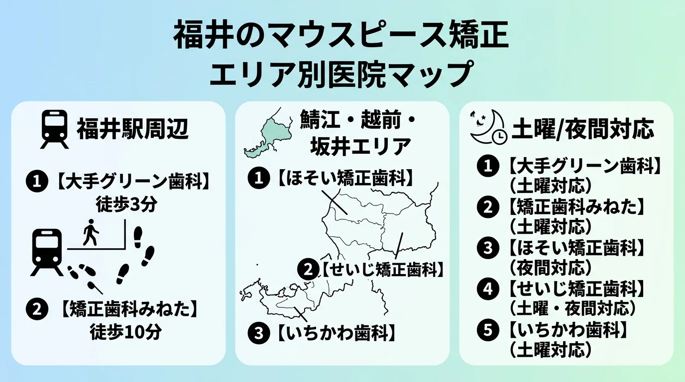 福井のマウスピース矯正 エリア別医院マップ。福井駅周辺(大手グリーン歯科 徒歩3分・矯正歯科みねた 徒歩10分)、鯖江・越前・坂井エリア(ほそい矯正歯科・せいじ矯正歯科・いちかわ歯科)、土曜/夜間対応の3グループに分けて医院名を配置したエリア分類イラスト