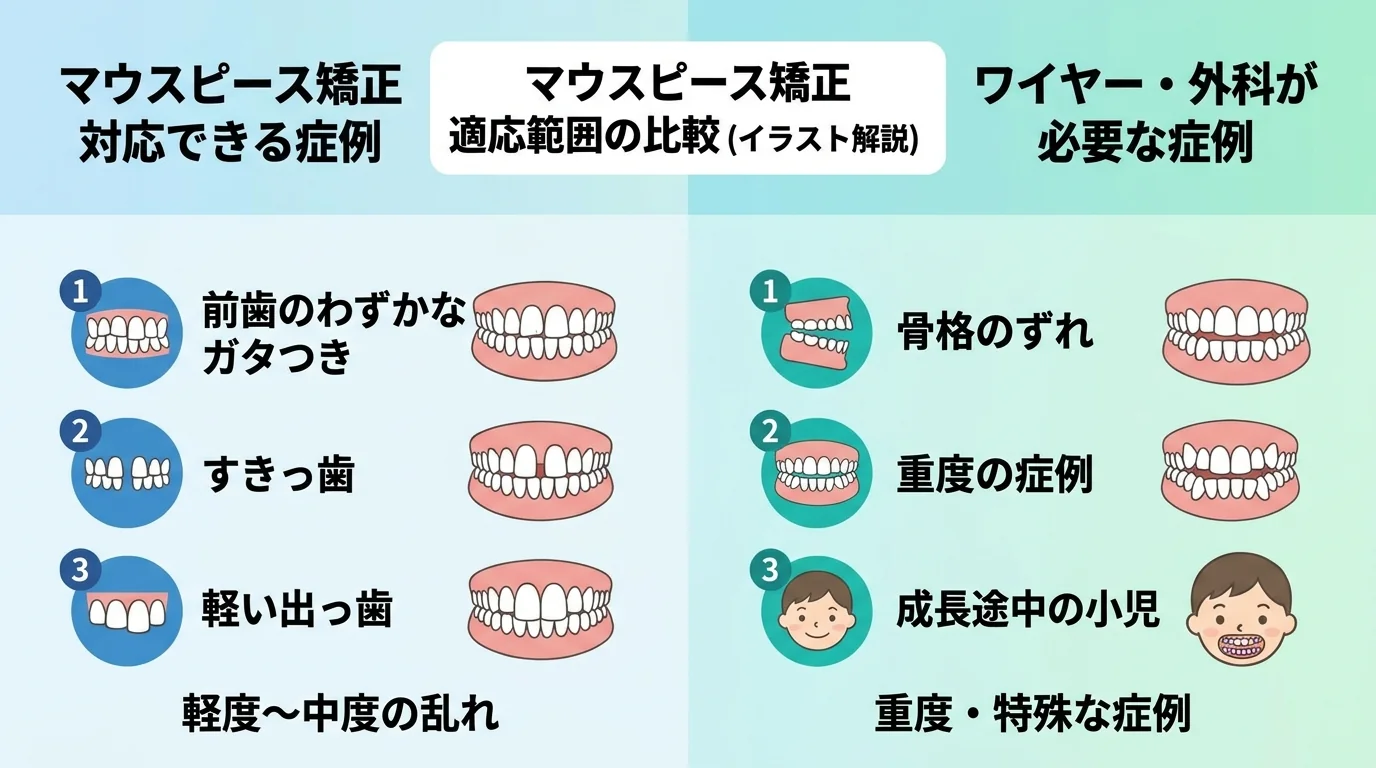 マウスピース矯正の適応範囲イラスト。対応できる症例(前歯のわずかなガタつき・すきっ歯・軽い出っ歯=軽度〜中度の乱れ)と、ワイヤー矯正や外科が必要な症例(骨格のずれ・重度の症例・成長途中の小児)を左右に分けて図示したイラスト