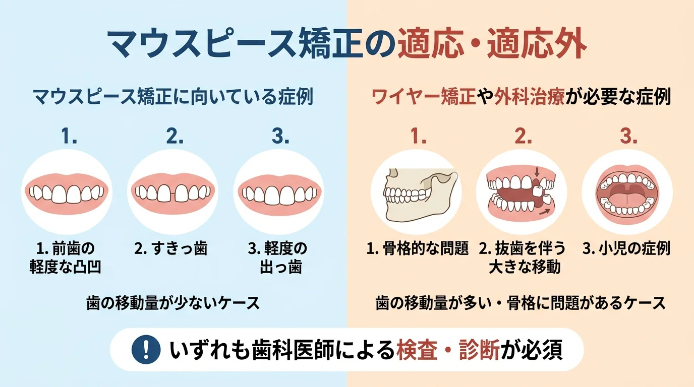 マウスピース矯正の適応・適応外を整理したイラスト図。向いている症例=前歯の軽度な凸凹・すきっ歯・軽度の出っ歯など歯の移動量が少ないケース。ワイヤー矯正や外科治療が必要な症例=骨格的な問題・抜歯を伴う大きな移動・小児の症例。いずれも歯科医師による検査・診断が必須