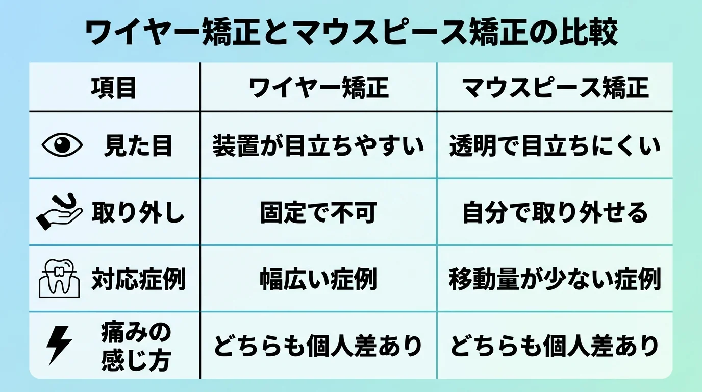 ワイヤー矯正とマウスピース矯正の比較表。見た目=マウスピースは透明で目立ちにくい/ワイヤーは装置が目立ちやすい。取り外し=マウスピースは自分で取り外せる/ワイヤーは固定で不可。対応症例=マウスピースは移動量が少ない症例/ワイヤーは幅広い症例。痛みの感じ方はどちらも個人差あり