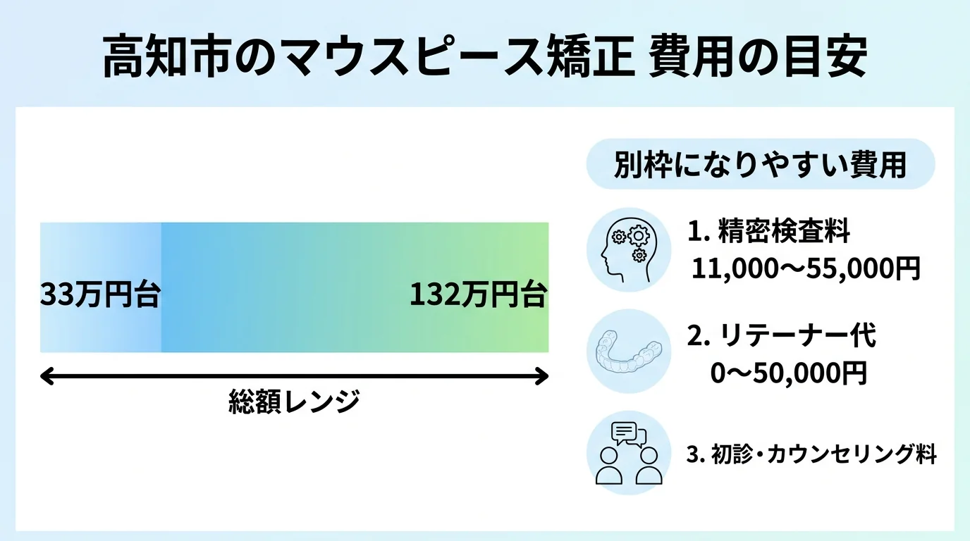 高知市のマウスピース矯正 費用相場早見表インフォグラフィック。タイトル『高知市のマウスピース矯正 費用の目安』。総額レンジ33万円台〜132万円台のバー。別枠になりやすい費用として『精密検査料 11,000〜55,000円』『リテーナー代 0〜50,000円』『初診・カウンセリング料』を項目リストで表示
