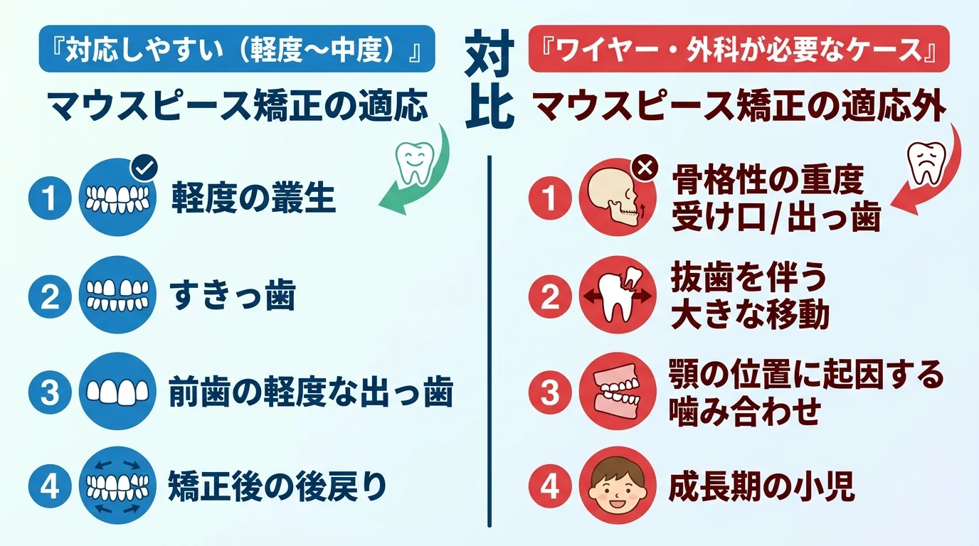 マウスピース矯正の適応・適応外を分ける対比イラスト。左側『対応しやすい（軽度〜中度）』に軽度の叢生・すきっ歯・前歯の軽度な出っ歯・矯正後の後戻りを列挙。右側『ワイヤー・外科が必要なケース』に骨格性の重度受け口/出っ歯・抜歯を伴う大きな移動・顎の位置に起因する噛み合わせ・成長期の小児を列挙