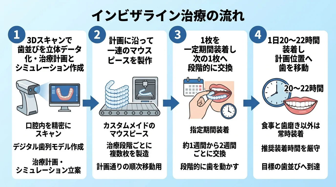 インビザライン治療の流れを示すフロー図。ステップ1『3Dスキャンで歯並びを立体データ化・治療計画とシミュレーション作成』→ステップ2『計画に沿って一連のマウスピースを製作』→ステップ3『1枚を一定期間装着し次の1枚へ段階的に交換』→ステップ4『1日20〜22時間装着し計画位置へ歯を移動』の4段階を左から右に矢印でつなぐ