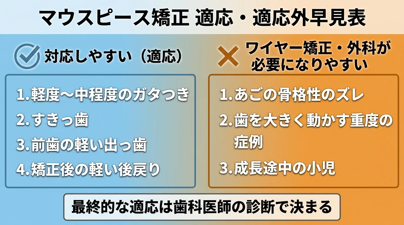 マウスピース矯正の適応・適応外を左右で対比する早見表。左側『対応しやすい(適応)』=軽度〜中程度のガタつき/すきっ歯/前歯の軽い出っ歯/矯正後の軽い後戻り。右側『ワイヤー矯正・外科が必要になりやすい』=あごの骨格性のズレ/歯を大きく動かす重度の症例/成長途中の小児。下部に『最終的な適応は歯科医師の診断で決まる』の注記