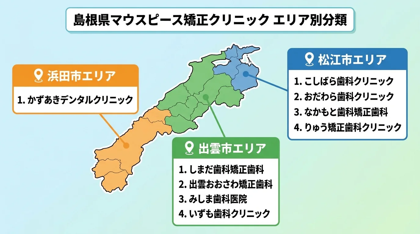 島根県のマウスピース矯正クリニックをエリア別に分類した地図イラスト。松江市エリア(こしばら歯科クリニック・おだわら歯科クリニック・なかもと歯科矯正歯科・りゅう矯正歯科クリニック)、出雲市エリア(しまだ歯科矯正歯科・出雲おおさわ矯正歯科・みしま歯科医院・いずも歯科クリニック)、浜田市エリア(かずあきデンタルクリニック)の3ブロックに院名を配置