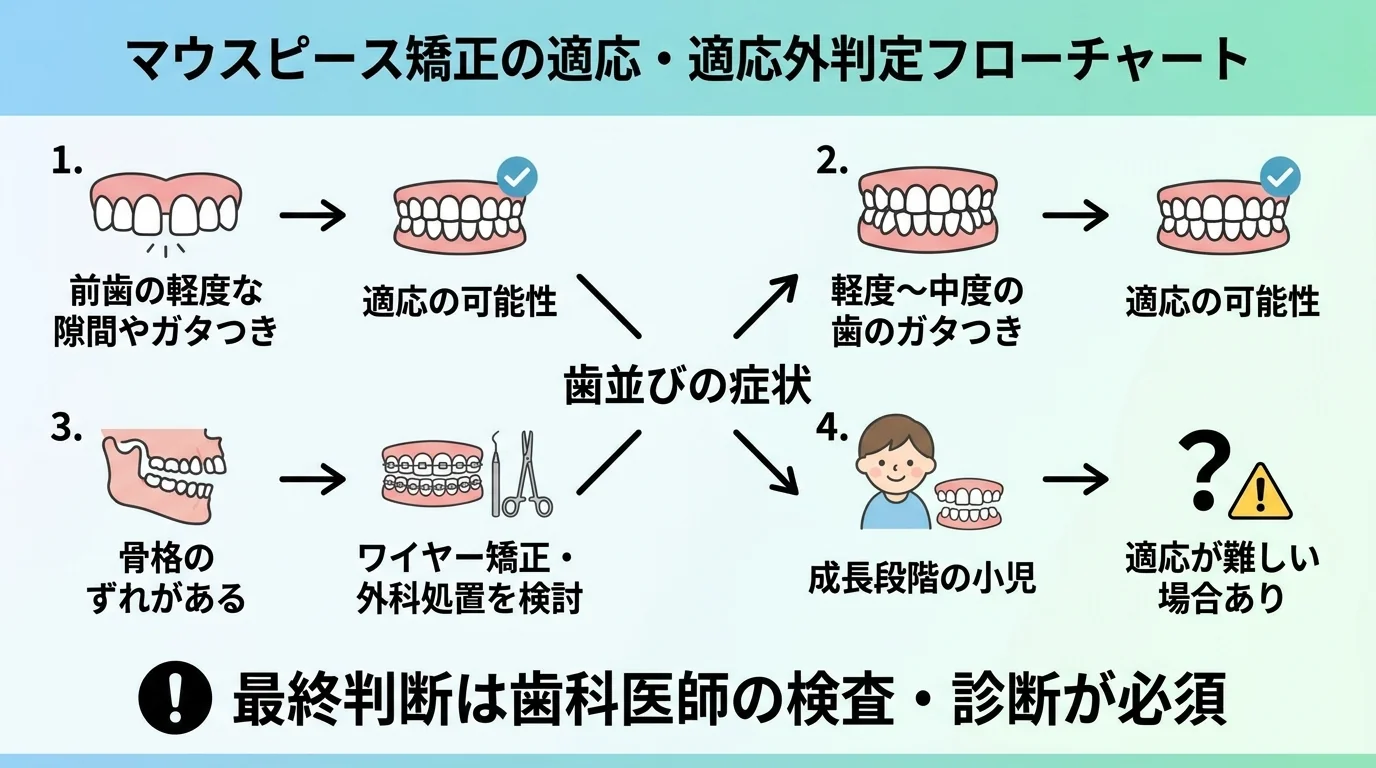 マウスピース矯正の適応・適応外を判定するフローチャート。「前歯の軽度な隙間やガタつき→適応の可能性」「軽度〜中度の歯のガタつき→適応の可能性」「骨格のずれがある→ワイヤー矯正・外科処置を検討」「成長段階の小児→適応が難しい場合あり」の分岐を図示し、最終判断は歯科医師の検査・診断が必須と注記