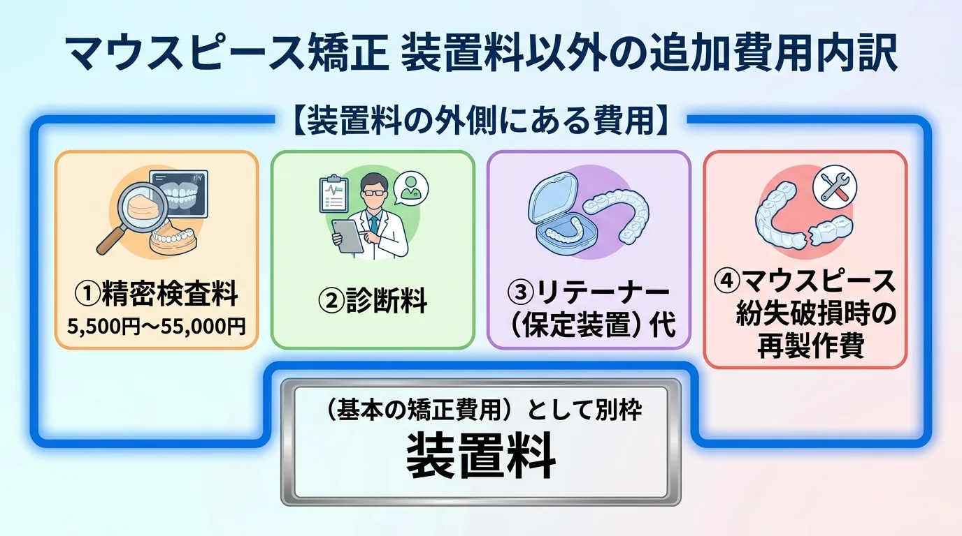 マウスピース矯正で装置料とは別にかかる追加費用の内訳図。精密検査料5,500円〜55,000円・診断料・リテーナー(保定装置)代・マウスピース紛失破損時の再製作費の4項目をアイコン付きで一覧化し、装置料の外側にある費用として囲む