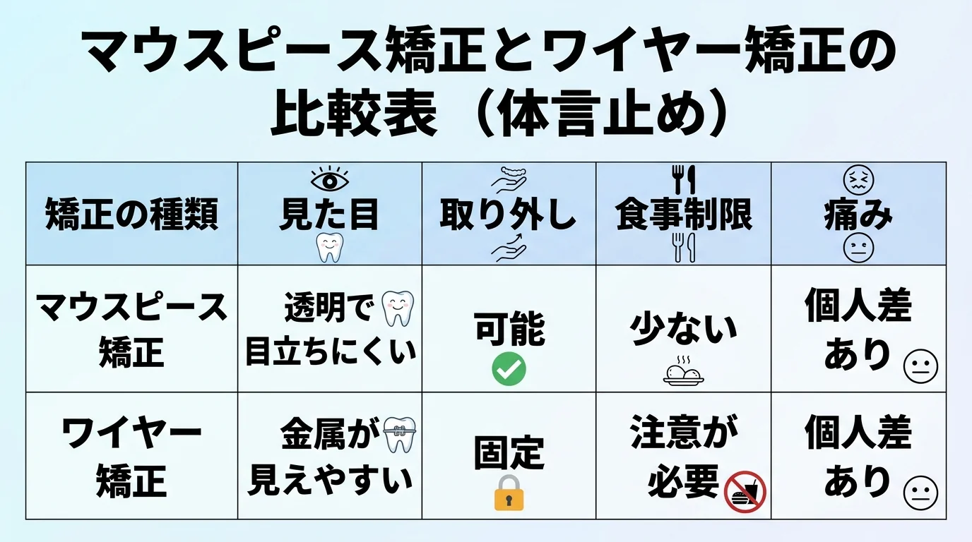 マウスピース矯正とワイヤー矯正の比較表。縦軸にマウスピース矯正・ワイヤー矯正、横軸に見た目(透明で目立ちにくい/金属が見えやすい)・取り外し(可能/固定)・食事制限(少ない/注意が必要)・痛み(個人差あり/個人差あり)の4項目を対比表示