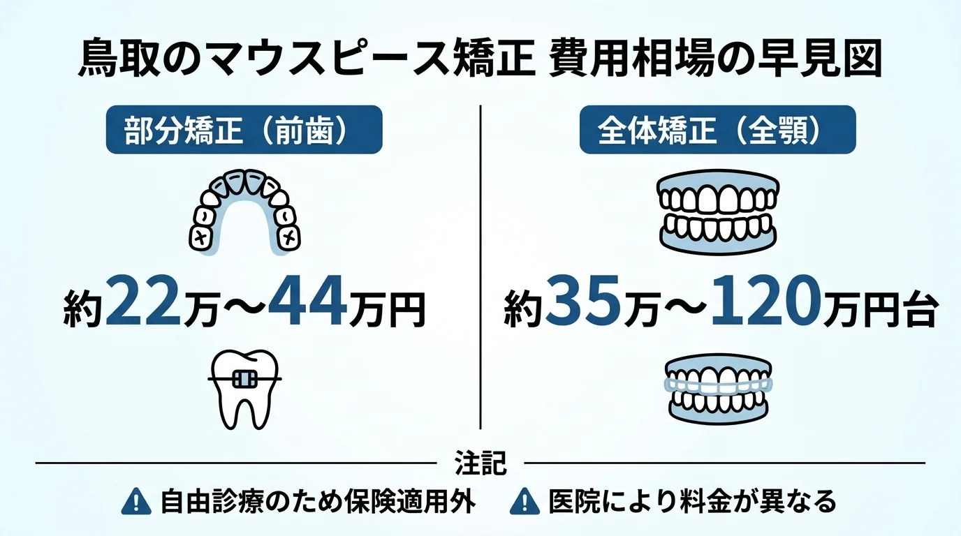 鳥取のマウスピース矯正 費用相場の早見図。部分矯正(前歯)約22万〜44万円/全体矯正(全顎)約35万〜120万円台。自由診療のため保険適用外・医院により料金が異なる旨を注記。左右2カラムで金額を大きく表示