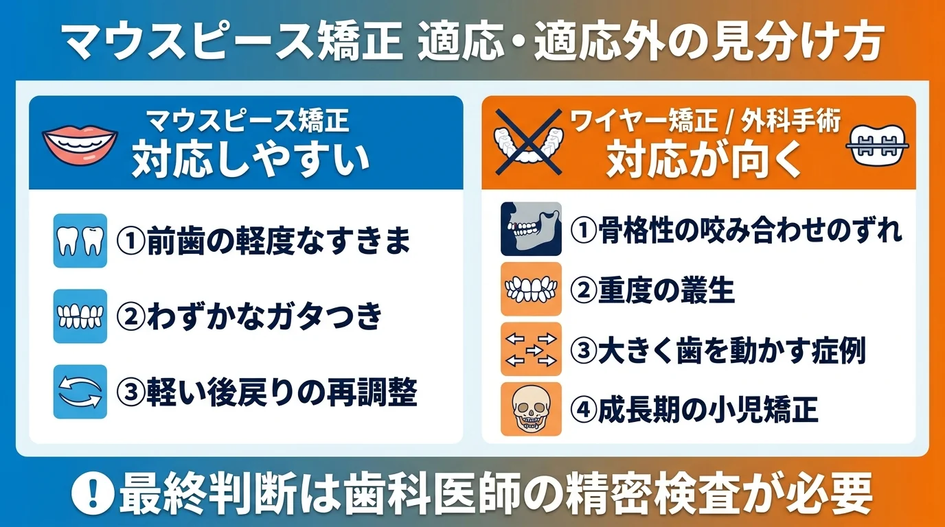 マウスピース矯正の適応・適応外の見分け方 比較図。【対応しやすい】前歯の軽度なすきま・わずかなガタつき・軽い後戻りの再調整。【ワイヤー/外科が向く】骨格性の咬み合わせのずれ・重度の叢生・大きく歯を動かす症例・成長期の小児矯正。最終判断は歯科医師の精密検査が必要と注記