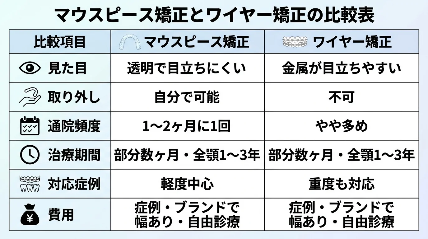 マウスピース矯正とワイヤー矯正の比較表。項目=見た目(透明で目立ちにくい/金属が目立ちやすい)、取り外し(自分で可能/不可)、通院頻度(1〜2ヶ月に1回/やや多め)、治療期間(部分数ヶ月・全顎1〜3年)、対応症例(軽度中心/重度も対応)、費用(症例・ブランドで幅あり・自由診療)