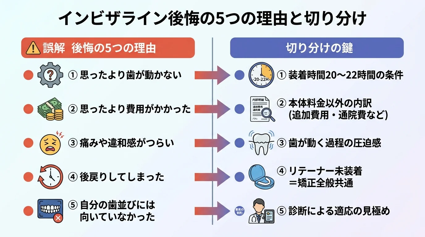 「インビザライン後悔の5つの理由と切り分け」インフォグラフィック。左列に5つの後悔理由(①思ったより歯が動かない ②思ったより費用がかかった ③痛みや違和感がつらい ④後戻りしてしまった ⑤自分の歯並びには向いていなかった)、右列に切り分けの鍵(①装着時間20〜22時間の条件 ②本体料金以外の内訳 ③歯が動く過程の圧迫感 ④リテーナー未装着=矯正全般共通 ⑤診断による適応の見極め)を矢印で結ぶ図。①②③④は「誤解」、⑤は「事実の制約」として色分け