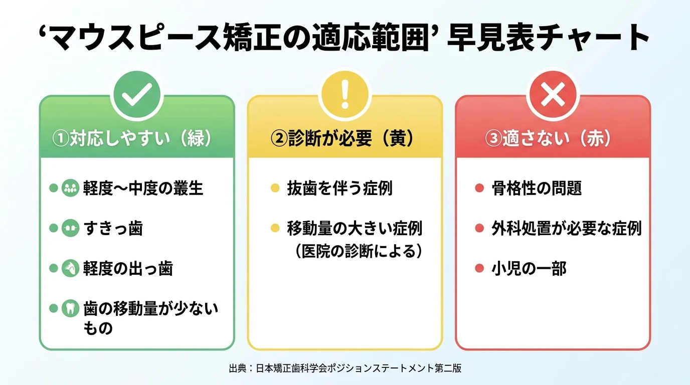 「マウスピース矯正の適応範囲」早見表チャート。3段階で色分け。①対応しやすい(緑)=軽度〜中度の叢生・すきっ歯・軽度の出っ歯など歯の移動量が少ないもの ②診断が必要(黄)=抜歯を伴う症例・移動量の大きい症例(医院の診断による) ③適さない(赤)=骨格性の問題・外科処置が必要な症例・小児の一部。出典:日本矯正歯科学会ポジションステートメント第二版