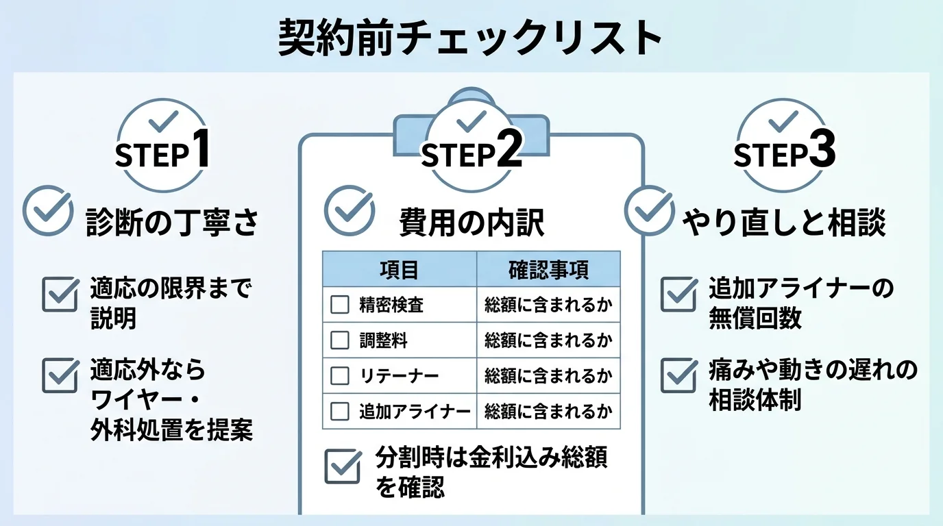 「契約前チェックリスト」イラスト。3つのステップを縦に並べる。STEP1 診断の丁寧さ=適応の限界まで説明してくれるか、適応外ならワイヤー・外科処置を提案してくれるか。STEP2 費用の内訳=精密検査・調整料・リテーナー・追加アライナーが総額に含まれるか、分割時は金利込み総額を確認。STEP3 やり直しと相談=追加アライナーの無償回数、痛みや動きの遅れの相談体制。各ステップにチェックボックスのアイコンを添える