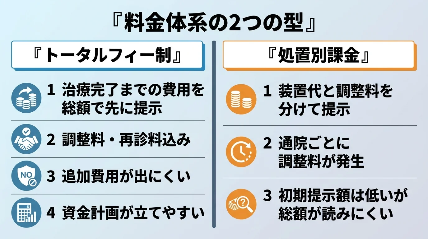 トータルフィー制と処置別課金を対比する早見表。左列『トータルフィー制』=治療完了までの費用を総額で先に提示/調整料・再診料込み/追加費用が出にくい/資金計画が立てやすい。右列『処置別課金』=装置代と調整料を分けて提示/通院ごとに調整料が発生/初期提示額は低いが総額が読みにくい。見出しは『料金体系の2つの型』