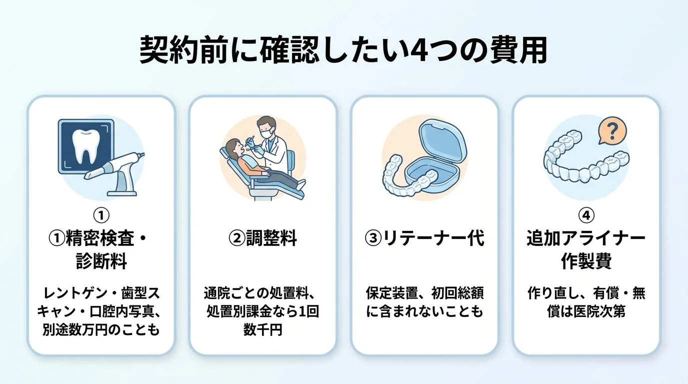 本体料金に含まれないことがある4項目のインフォグラフィック。4つのアイコン付きカードで『①精密検査・診断料(レントゲン・歯型スキャン・口腔内写真、別途数万円のことも)』『②調整料(通院ごとの処置料、処置別課金なら1回数千円)』『③リテーナー代(保定装置、初回総額に含まれないことも)』『④追加アライナー作製費(作り直し、有償・無償は医院次第)』を並べる。タイトルは『契約前に確認したい4つの費用』