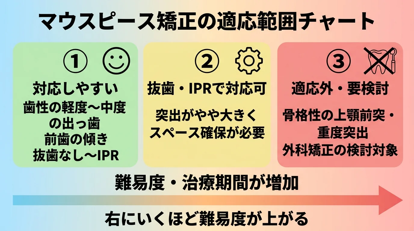 マウスピース矯正の適応範囲を3段階で示すチャート。①対応しやすい=歯性の軽度〜中度の出っ歯(前歯の傾き、抜歯なし〜IPR)/②抜歯・IPRで対応可=突出がやや大きくスペース確保が必要/③適応外・要検討=骨格性の上顎前突・重度突出(外科矯正の検討対象)。各段階を色分けし、右にいくほど難易度が上がることを矢印で表現